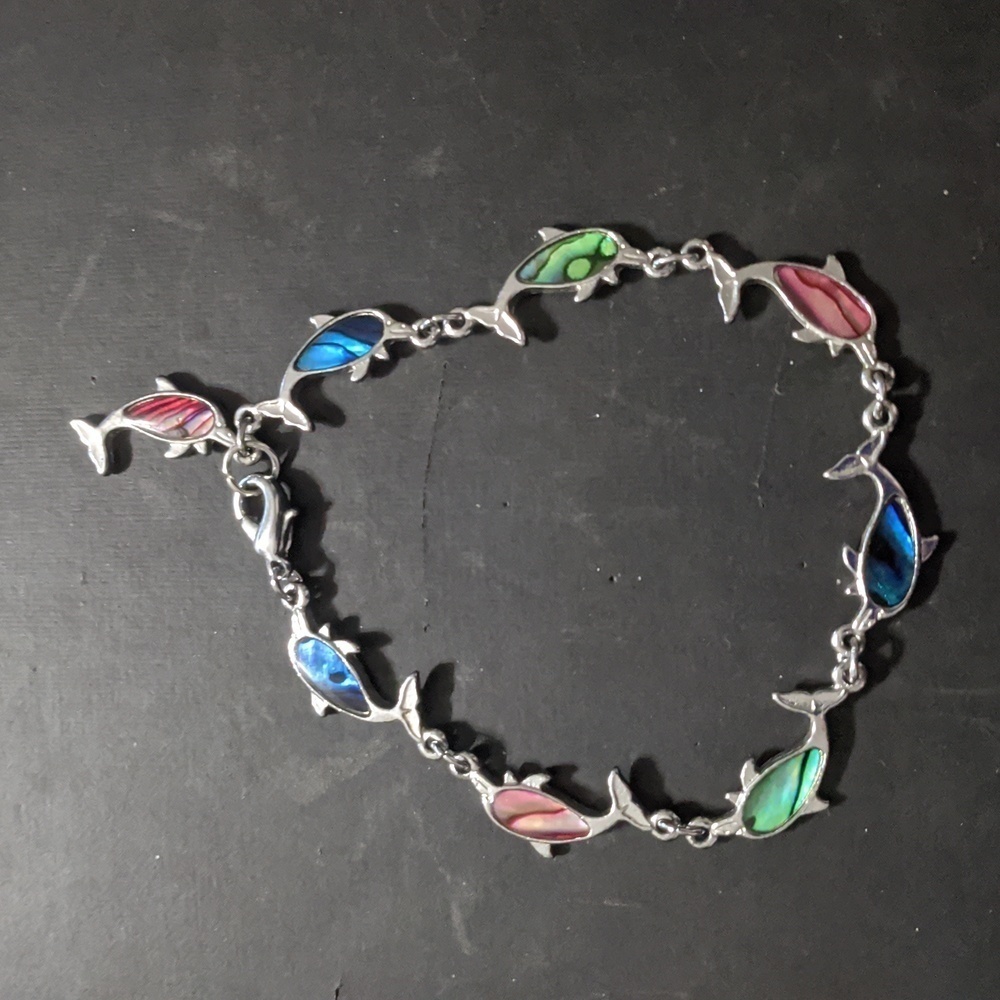 Vintage Y2K Silver Tone Dolphin Pink Green Blue Paua Shell Statement Bracelet